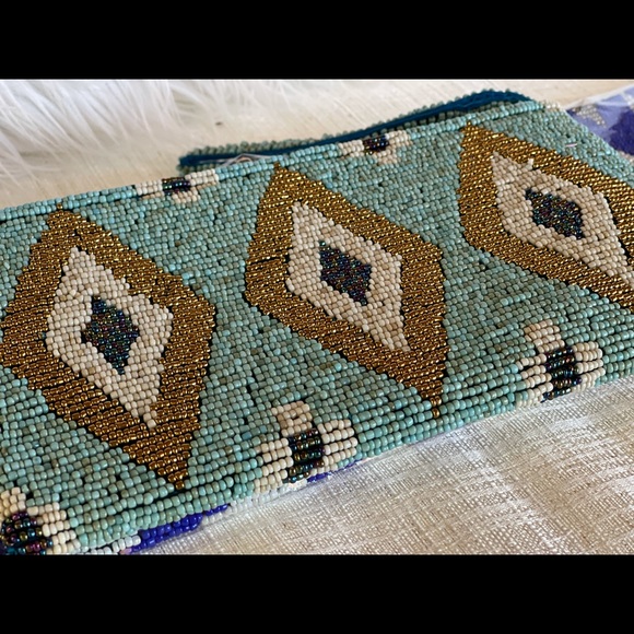 BoHo Lux Tribal Artesian Shimmer Beaded Clutch Wristlet Bag W/Lining & Zipper - Picture 4 of 4